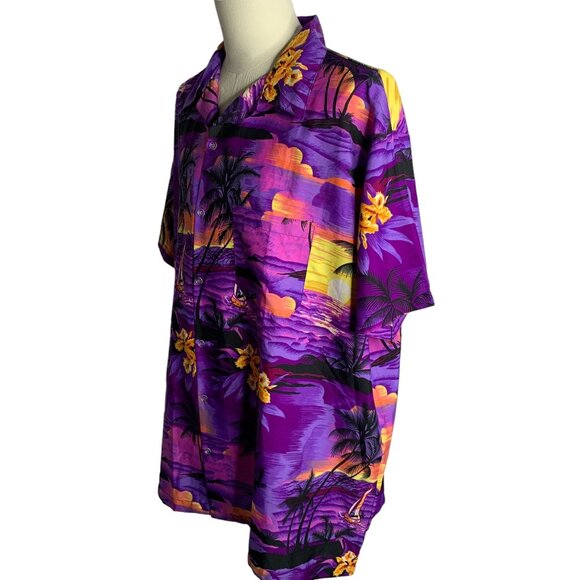 Button Up Hawaiian Camp Shirt 3XL Purple Floral Sunset Beach Short Sleeve Pocket - Picture 3 of 6